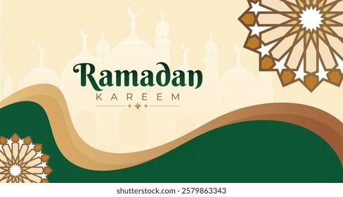 background for ramadan Islamic mosque with moon, stars, lanterns with a warn grreen and gold color. Ramadan kareem greeting banner template vector