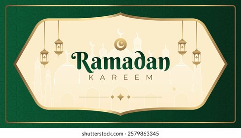 background for ramadan Islamic mosque with moon, stars, lanterns with a warn grreen and gold color. Ramadan kareem greeting banner template vector