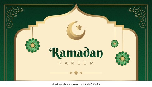 background for ramadan Islamic mosque with moon, stars, lanterns with a warn grreen and gold color. Ramadan kareem greeting banner template vector