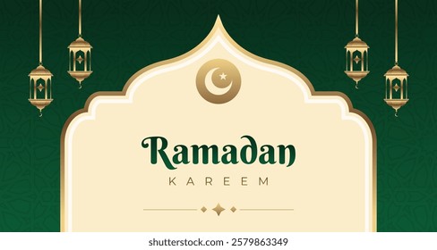 background for ramadan Islamic mosque with moon, stars, lanterns with a warn grreen and gold color. Ramadan kareem greeting banner template vector