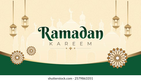 background for ramadan Islamic mosque with moon, stars, lanterns with a warn grreen and gold color. Ramadan kareem greeting banner template vector