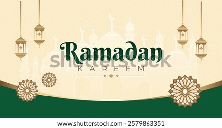 background for ramadan Islamic mosque with moon, stars, lanterns with a warn grreen and gold color. Ramadan kareem greeting banner template vector