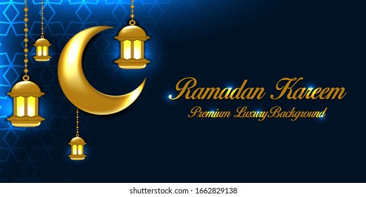 Background of Ramadan Kareem with blue,Islamic elements gold ,with a glowing Lanterns and moon concept.