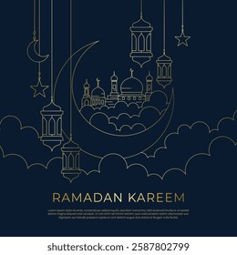 Background of Ramadan Kareem crescent moon and Mosque with hanging lantern ornaments line art style In The Clouds design decoration