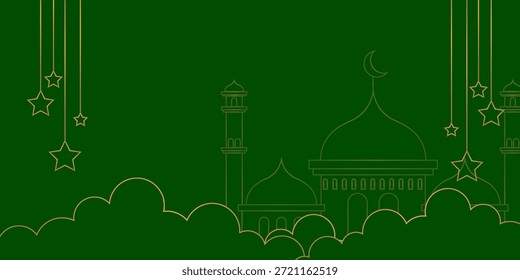 Fundo de Ramadã Kareem lua crescente e mesquita com lanterna pendurada ornamentos linha de arte estilo nas nuvens design decoração