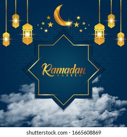 Hintergrund Ramadan Kareem mit goldener Laterne und Halbmond.