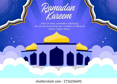 Background of Ramadan Kareem with illustrations of the mosque's views at night with stars and cloud cartoon style.