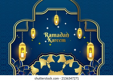 Background Ramadan Kareem Islamic blue color with beautiful ornament