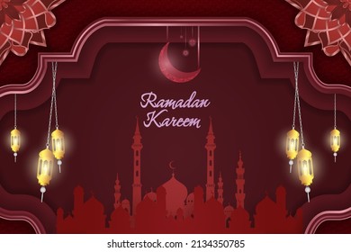 Background Ramadan Kareem Islamic Red Mosque And Gold Luxury With Line Element