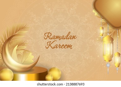 Background Ramadan Kareem Islamic soft brown and gold luxury with mandala and podium