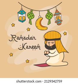 background of Ramadan kareem with lanterns and people praying