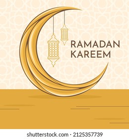 Background of Ramadan Kareem. The month of Ramadan. The moon vector and lanterns are yellow and orange.