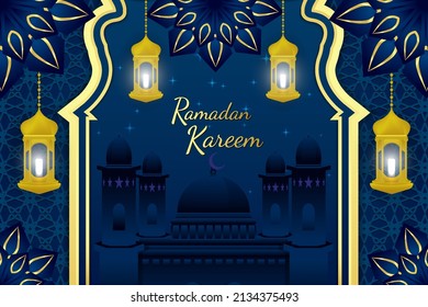 Background Ramadan Kareem stylish islamic blue color with beautiful lamp