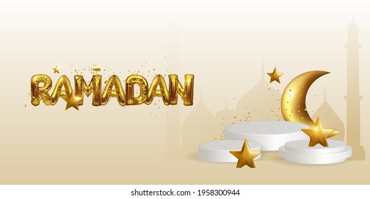 Background of the Ramadan Karim holiday. Celebrate the Holy Month of Ramadan in Islam. Realistic design with 3D objects, golden half of the month, stars. catwalk template, round studio platform.