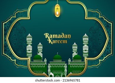 Antecedentes Estilo Ramadán Verde islámico y oro con mezquita