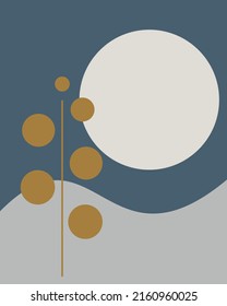 Background of random shapes symbolizing a shining moon in the dark sky with a small spike of wheat in the front