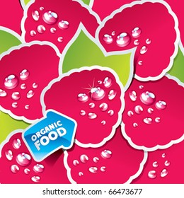 Background from raspberry with an arrow by organic food. Vector illustration.