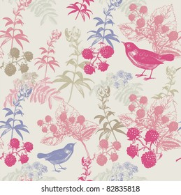 background with raspberry, flowers and birds