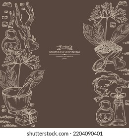 Background with rauwolfia serpentina: plant, flowers and rauwolfia serpentina tuber. Cosmetic and medical plant. Vector hand drawn illustration