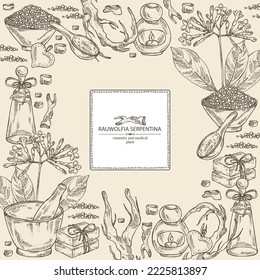 Background with rauwolfia serpentina: plant, flowers and rauwolfia serpentina tuber. Cosmetic and medical plant. Vector hand drawn illustration