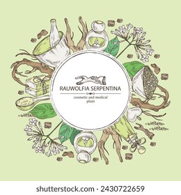 Background with rauwolfia serpentina: plant, flowers and rauwolfia serpentina tuber. Cosmetic and medical plant. Vector hand drawn illustration