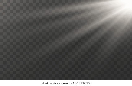 The background is a ray of light or sunbeam vector. It shows an abstract white light shining and flashing like a spotlight, with white sun glitter on a transparent background.