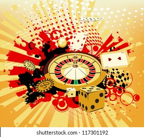 background with rays, roulette and cards from casinos