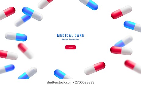 Hintergrund mit realistischen 3D-Kapseln. Medizin, Pharmazie, Gesundheitswesen, Krankenhaus, Klinik, Telemedizin, Versicherung, Biotechnologie-Konzept. Vektorgrafik.