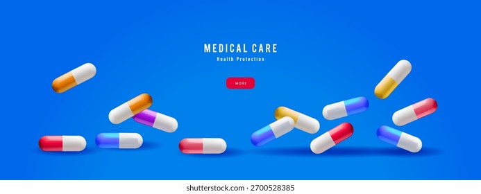 Fondo con cápsulas 3d realistas. Médico, farmacia, atención médica, hospital, clínica, telemedicina, seguros, concepto de biotecnología. Ilustración vectorial.