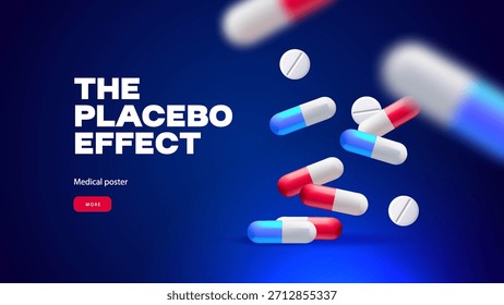 Background with realistic 3d capsules and pills. Placebo effect. Medical, pharmacy, healthcare, hospital, clinic, telemedicine, insurance, biotechnology concept. Vector illustration.