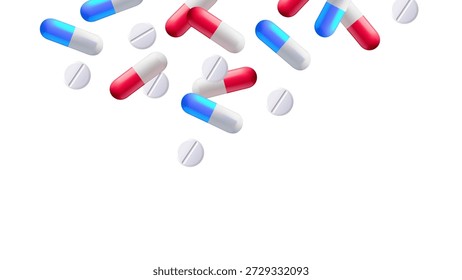 Fundo com cápsulas 3d realistas e comprimidos. Medicina, farmácia, saúde, hospital, clínica, telemedicina, seguro, conceito de biotecnologia. Ilustração vetorial.