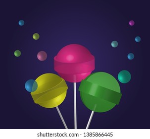 Background with realistic 3d lollipops colorful sweets small balls. Vector illustration.