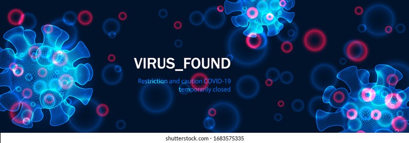 Antecedentes con células virales 3D realistas. ilustración vectorial del símbolo de peligro. Nuevo concepto de coronavirus en un fondo oscuro.