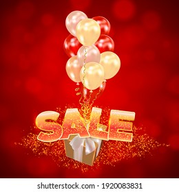 Background with realistic air balls, gift box and inscription Sale. Poster, banner for advertising, holiday, Christmas, event. Vector illustration