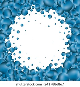 Background with realistic balls, transparent glossy bubbles. Abstract minimal design. Vector illustration. Blue balls.