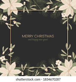 Background with realistic christmas tree branches, fir-cones, mistletoe and holly, ilex.