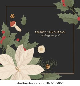 Background with realistic christmas tree branches, fir-cones, mistletoe and holly, ilex.