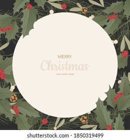 Background with realistic christmas tree branches, fir-cones, mistletoe and holly, ilex.