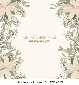 Background with realistic christmas tree branches, fir-cones, mistletoe and holly, ilex.