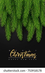 Background with realistic Christmas Tree Branches and Season Wishes. Vector illustration.