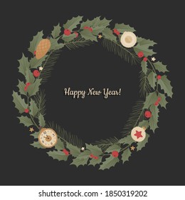 Background with realistic christmas wreath of tree holly, ilex.
