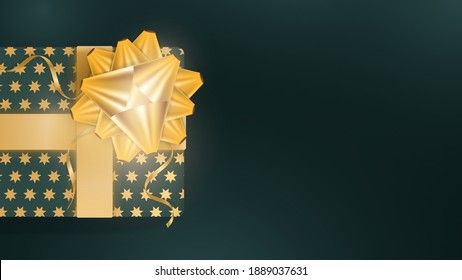 Fondo con caja de regalo verde oscuro realista, cintas doradas, estrellas y arco. Fondo con espacio para texto. Vista desde arriba. Vector 