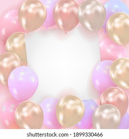 Hintergrund aus realistischen Glanzkugeln mit einem leeren Blatt Papier. Template für die Feier des glücklichen Geburtstags, Valentinstag, Hochzeit mit Platz für Text. Vektorgrafik