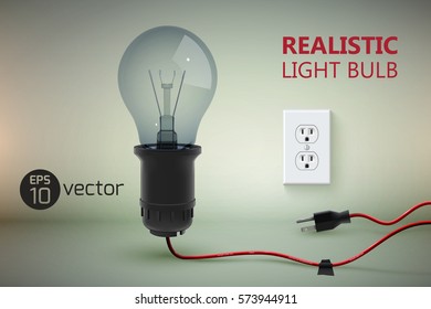 Background with realistic glow lamp in a bulb with wire and unplugged power socket on gradient background vector illustration