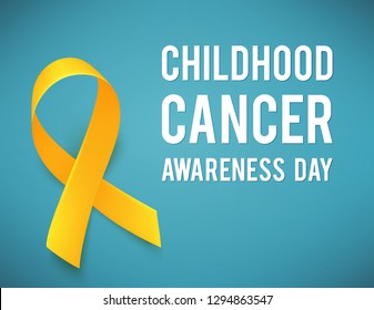 Background with realistic gold ribbon. World childhood cancer symbol, vector illustration. Template for poster for cancer awareness month.