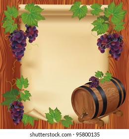 Background with realistic grape, barrel and old paper on wooden board