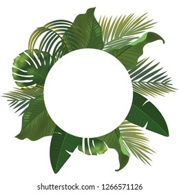 Background with realistic green palm leaf branches on white background. flat lay, top view