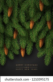 Background with Realistic Looking Christmas Tree Branches and Fir Cones