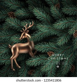 Background with Realistic Looking Christmas Tree Branches, Fir-cones and Rose Gold Glass Deer