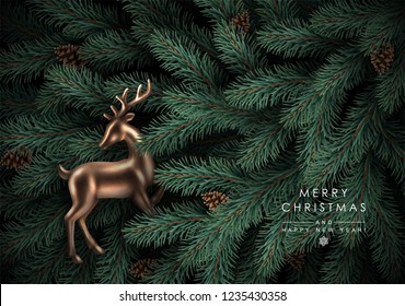 Background with Realistic Looking Christmas Tree Branches, Fir-Cones and Gold Glass Reindeer